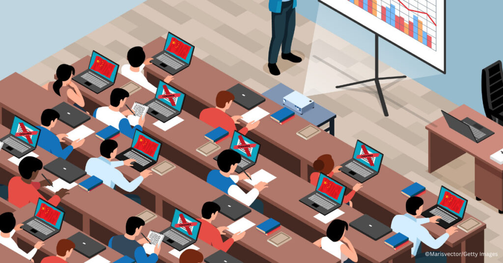 Illustration of students studying in a classroom, with content censored on some computers and the flag of China on others