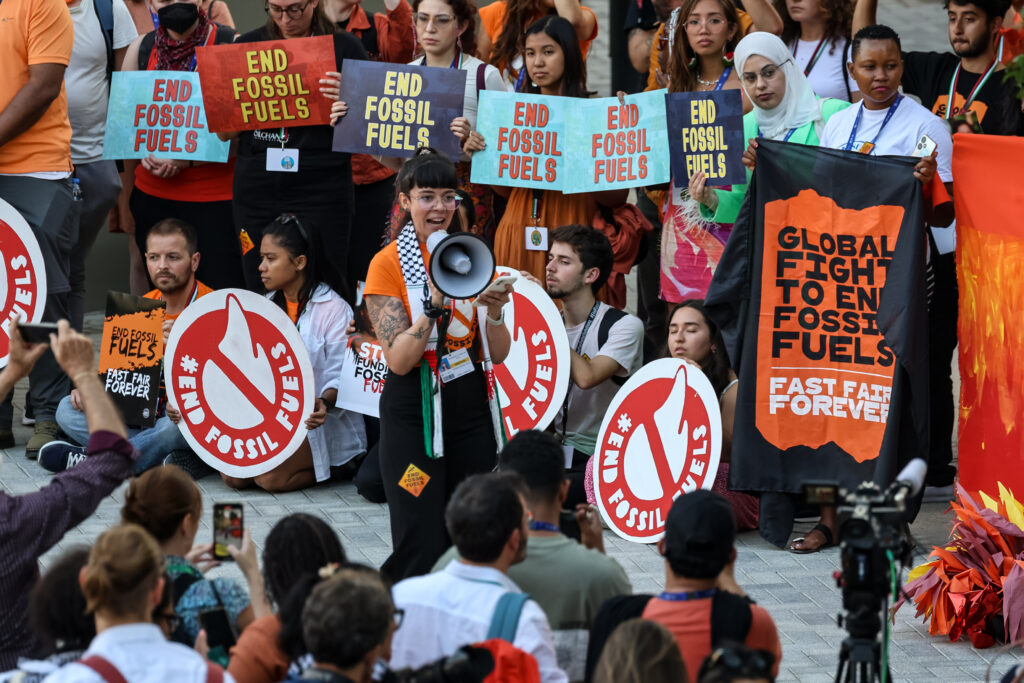 Protesters at COP28 that was held in Dubai